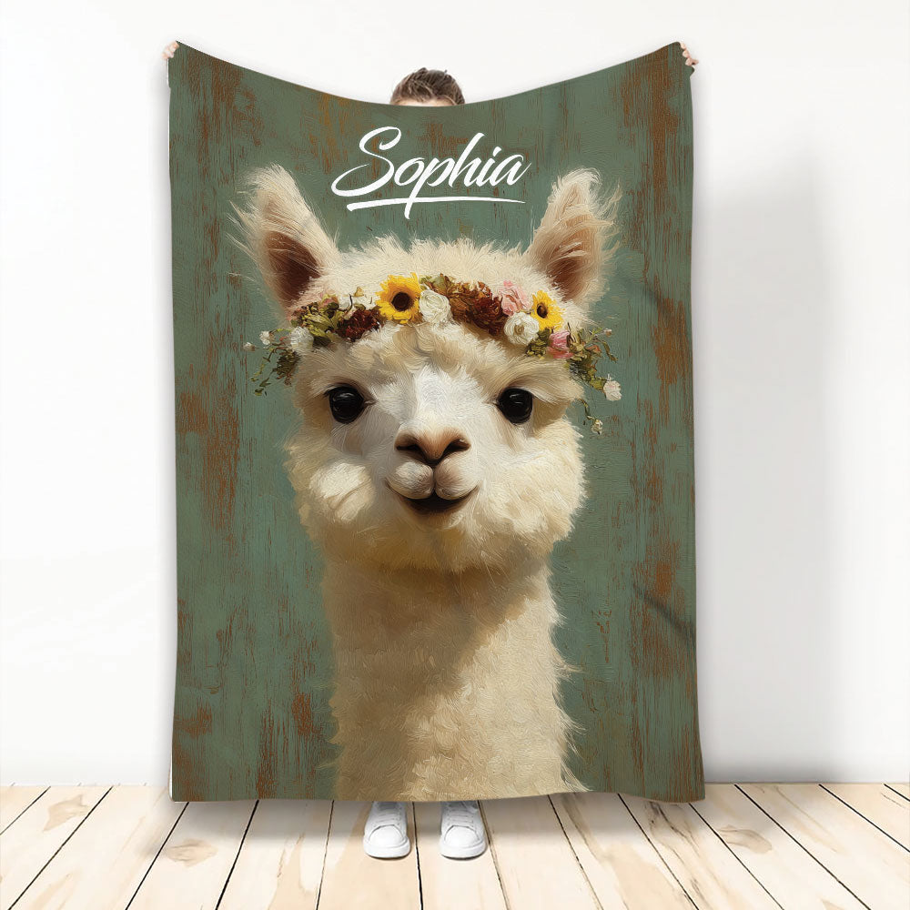 Alpaca throw blanket with a flower crown illustration on a rustic green background