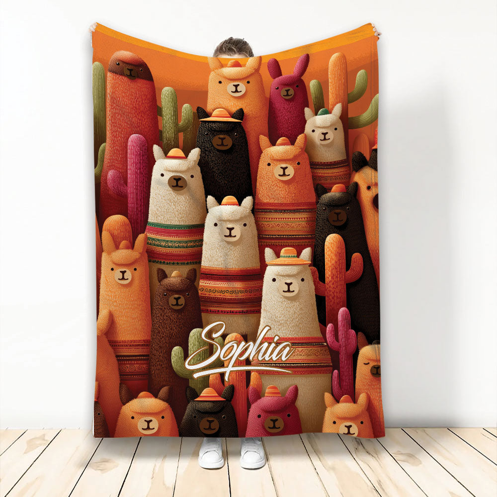 Colorful alpaca throw blanket featuring Southwestern patterns, cactus accents, and playful alpaca artwork