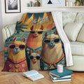 Alpaca blanket draped over a sofa showing colorful alpaca artwork and tropical decor