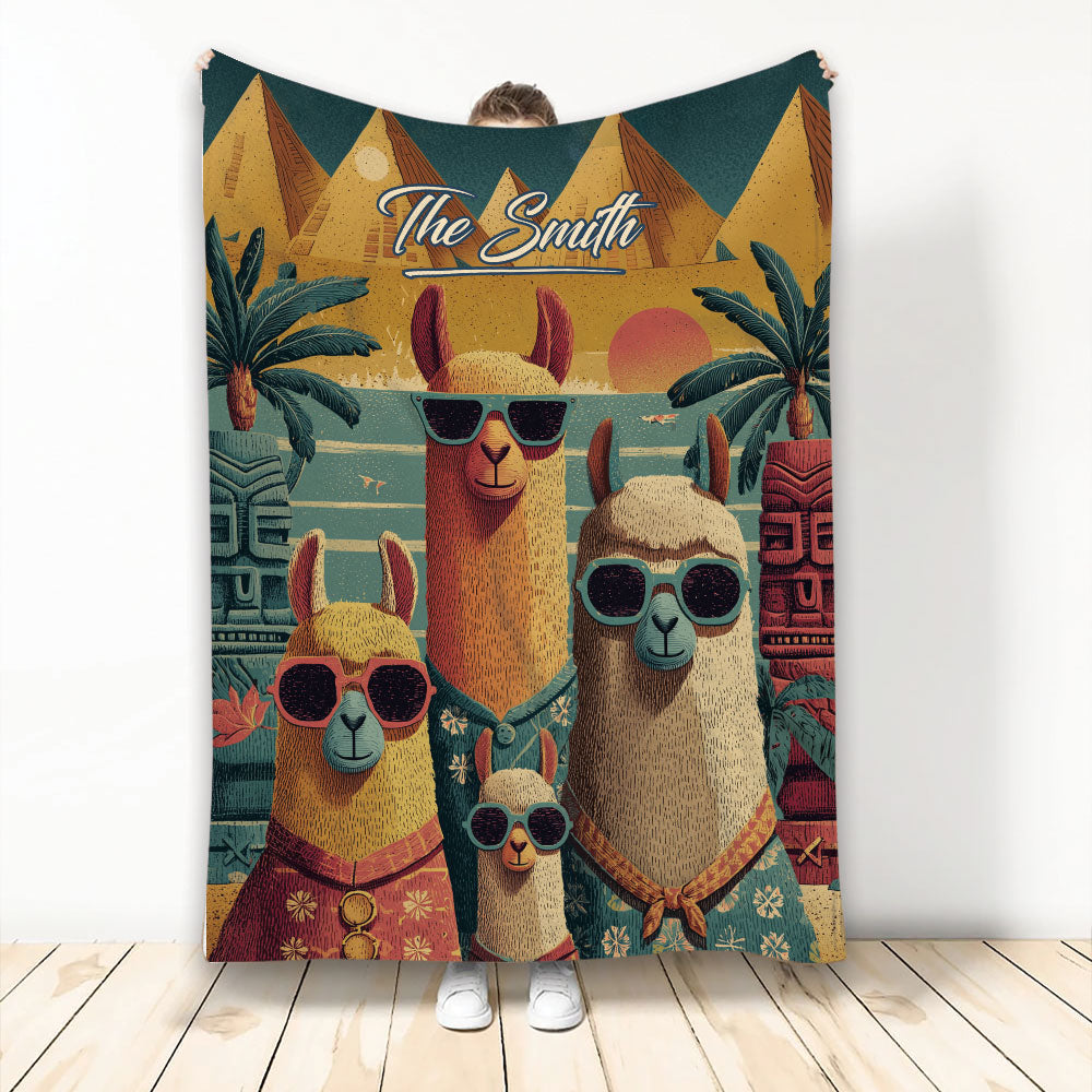 Alpaca throw blanket with four sunglass-wearing alpacas in a colorful retro desert scene