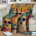 Retro alpaca throw blanket displayed on a sofa with sunglass-wearing alpaca artwork