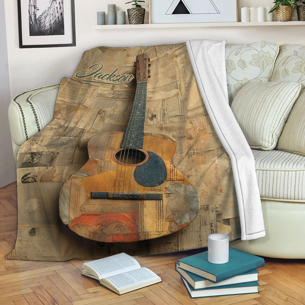 Vintage acoustic guitar throw blanket displayed across a living room sofa