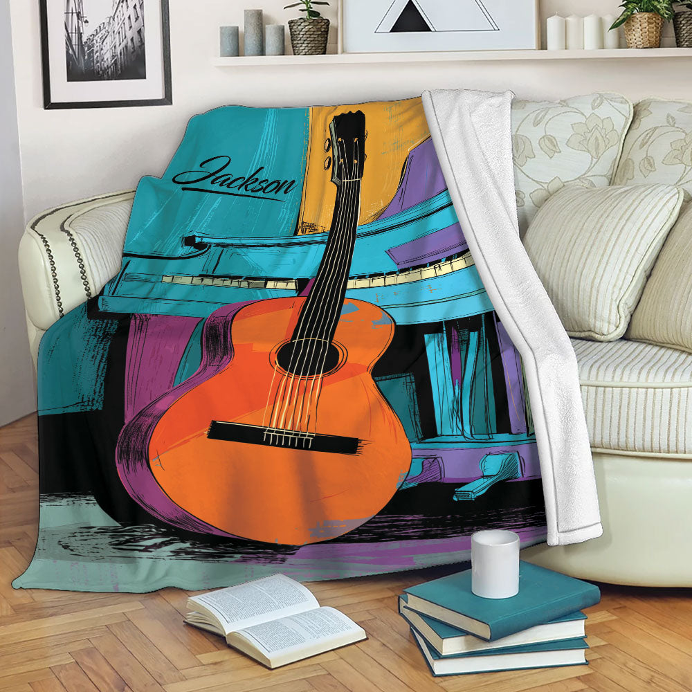 Colorful guitar throw blanket draped over a sofa in a cozy living room