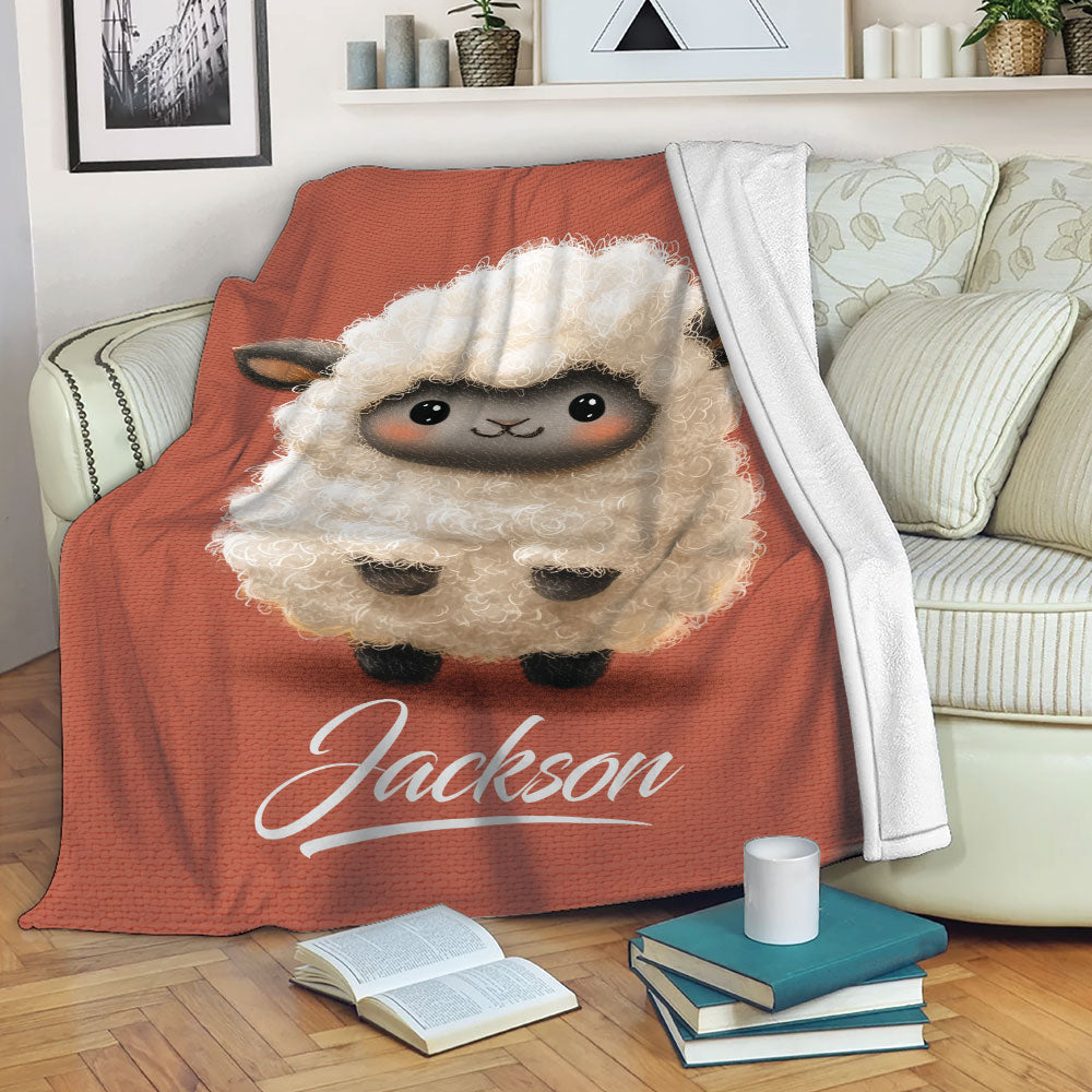 Cute sheep throw blanket draped over a sofa with cozy living room decor
