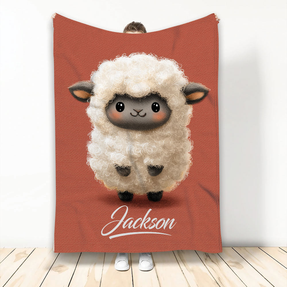 Cute sheep artwork on a red custom throw blanket shown held upright in a bright room