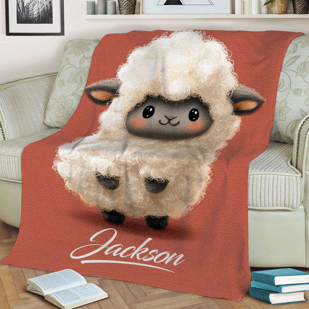 Close view of a fluffy cartoon sheep throw blanket displayed across a sofa