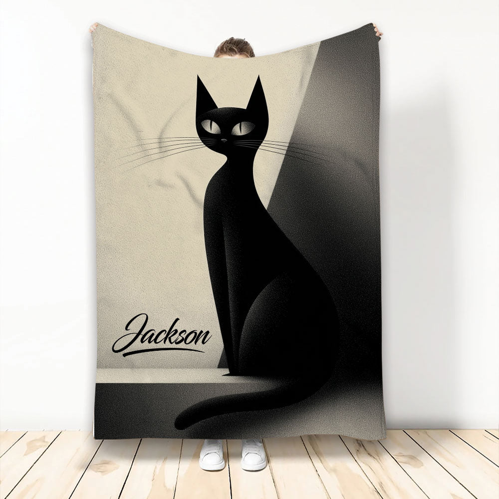 Black cat throw blanket with a sleek sitting cat illustration in beige, gray, and black tones
