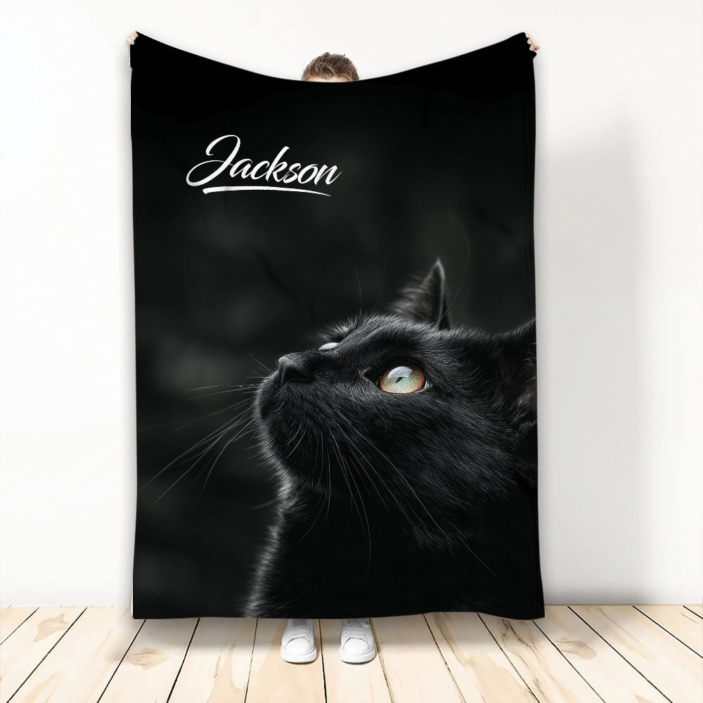 Black cat throw blanket displayed vertically with realistic feline artwork on a dark background