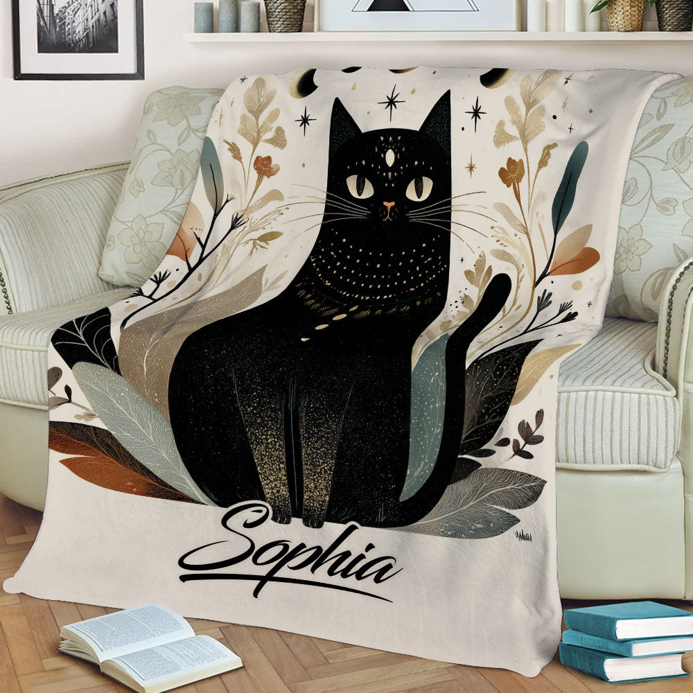 Close view of a black cat throw blanket featuring botanical foliage, stars, and moon phases