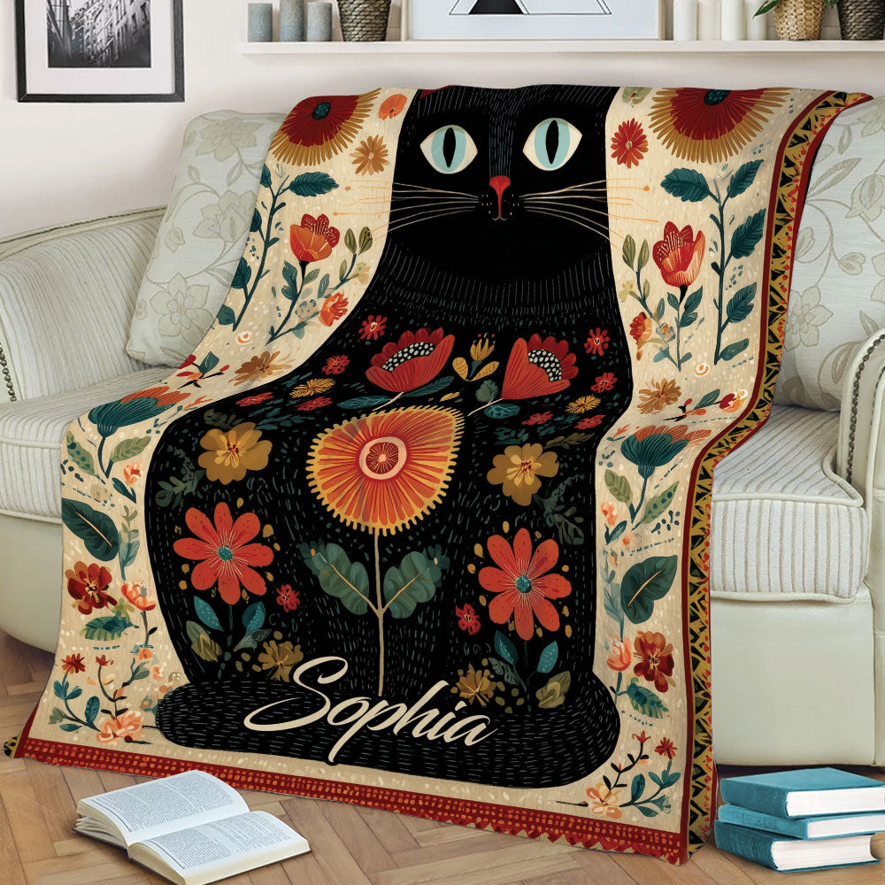 Decorative black cat blanket displayed across a sofa with vibrant flowers and botanical details