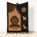 Custom Goldendoodle throw blanket with curly dog artwork, paw print, and warm brown leather-look design