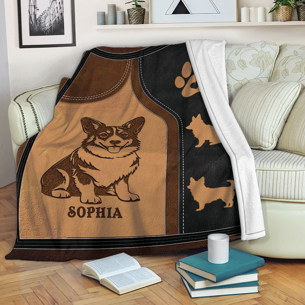 Corgi throw blanket displayed on a sofa with brown and black dog-themed artwork