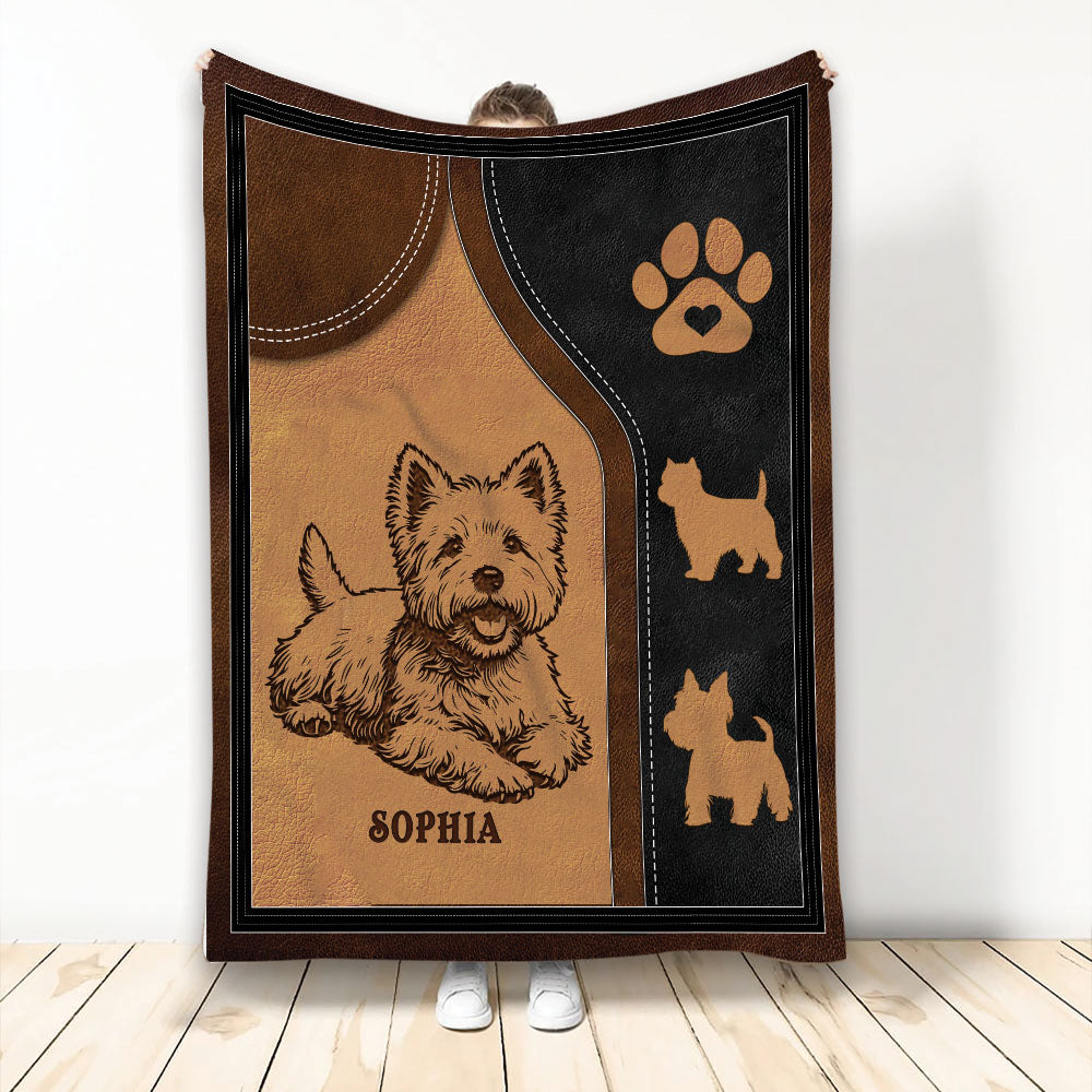 Westie throw blanket with illustrated West Highland White Terrier, paw print, and warm brown leather-look design