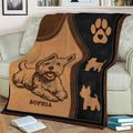 Close view of Westie throw blanket with playful West Highland White Terrier illustration and black and brown design
