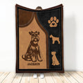 Miniature Schnauzer blanket with rustic brown and black artwork, paw print, and dog silhouettes