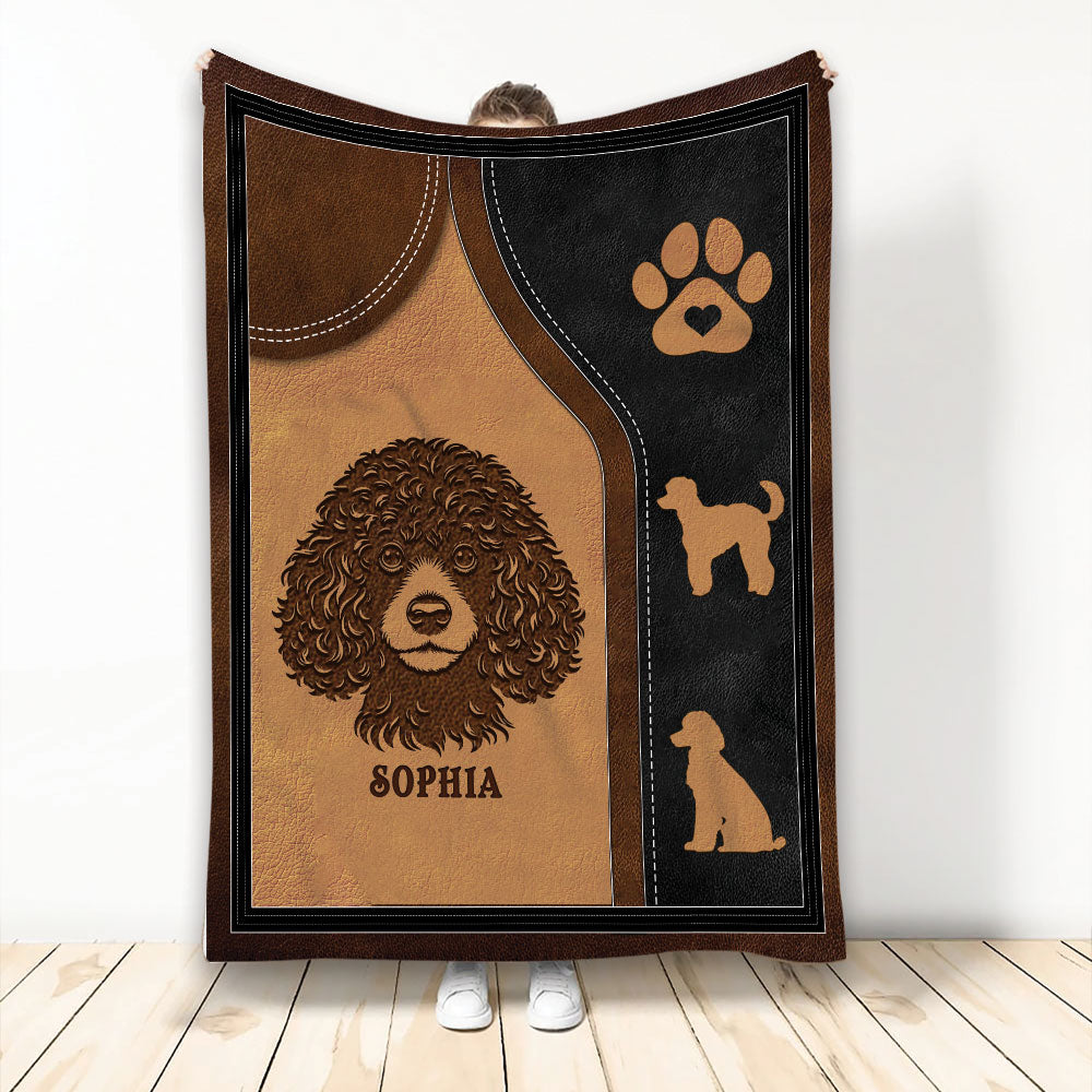 Custom Poodle blanket displayed with curly dog artwork, paw print, and brown and black design