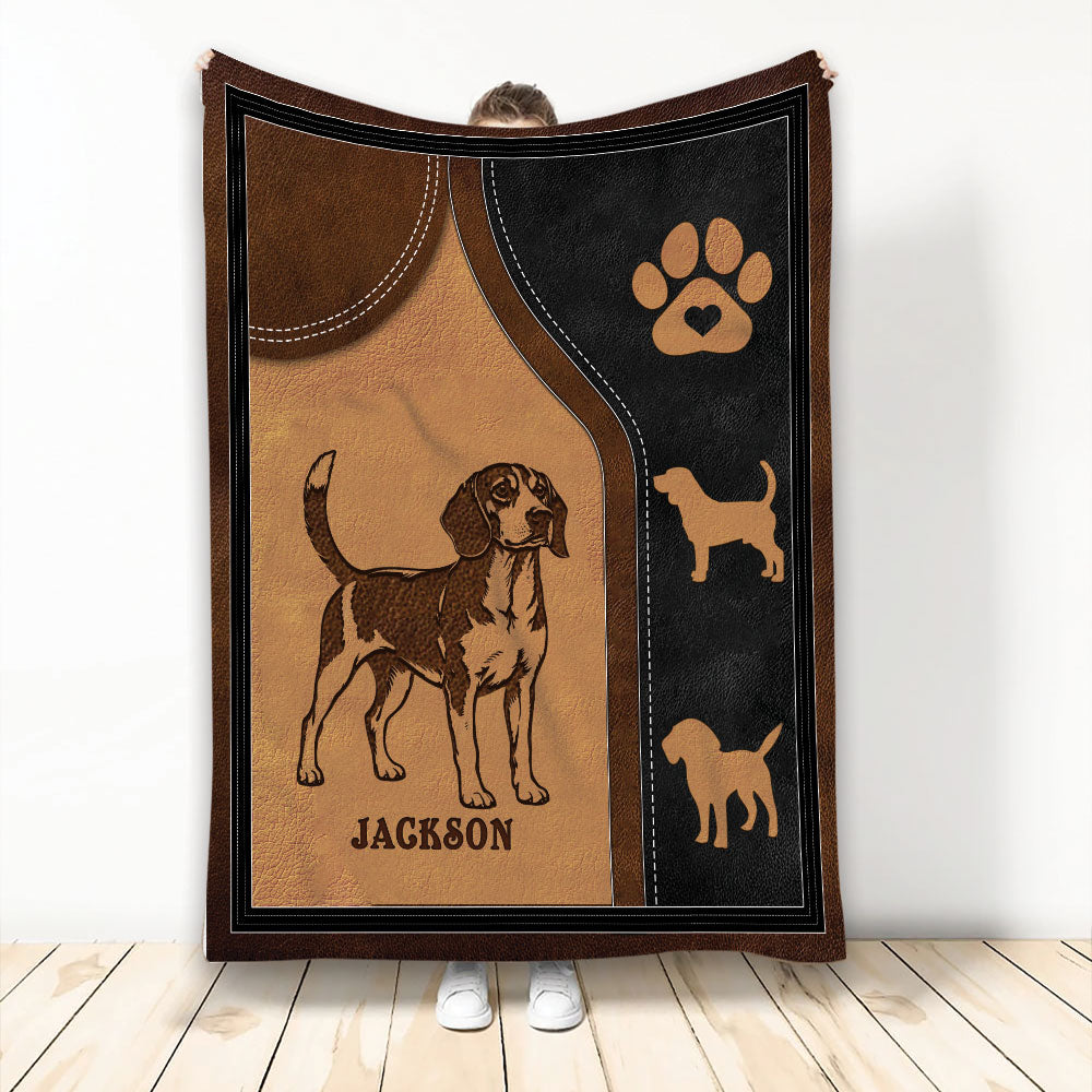 Custom Beagle blanket with vintage brown and black dog artwork and paw print accents