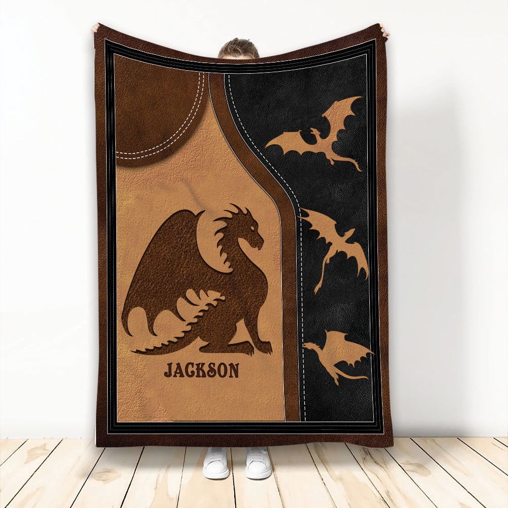 Custom dragon throw blanket with brown and black dragon artwork in a bold leather-look design