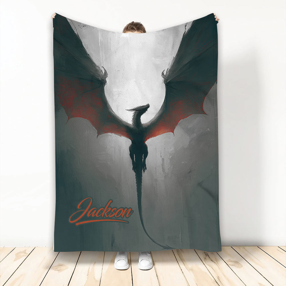 Dragon throw blanket with a dramatic winged dragon in gray, black, and red artwork