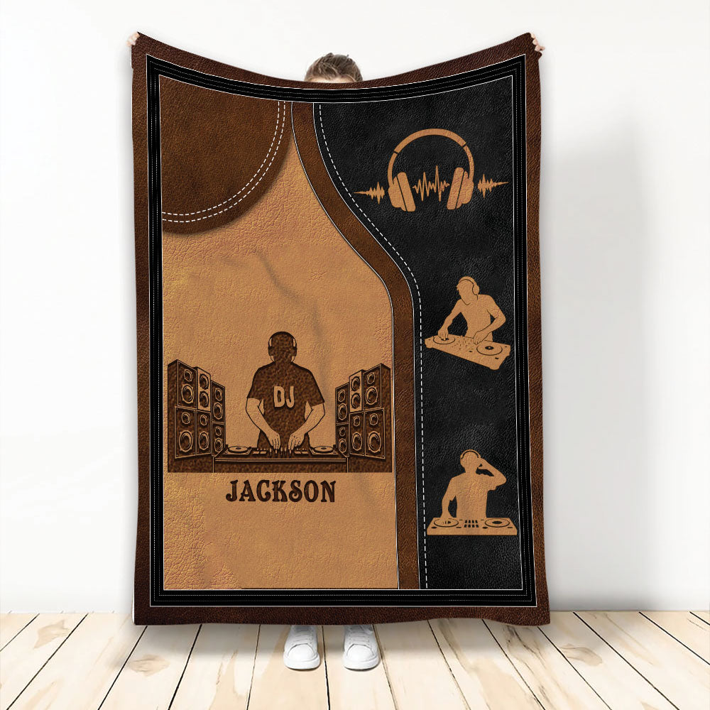 Custom DJ blanket featuring turntables, speakers, headphones, and brown and black music artwork