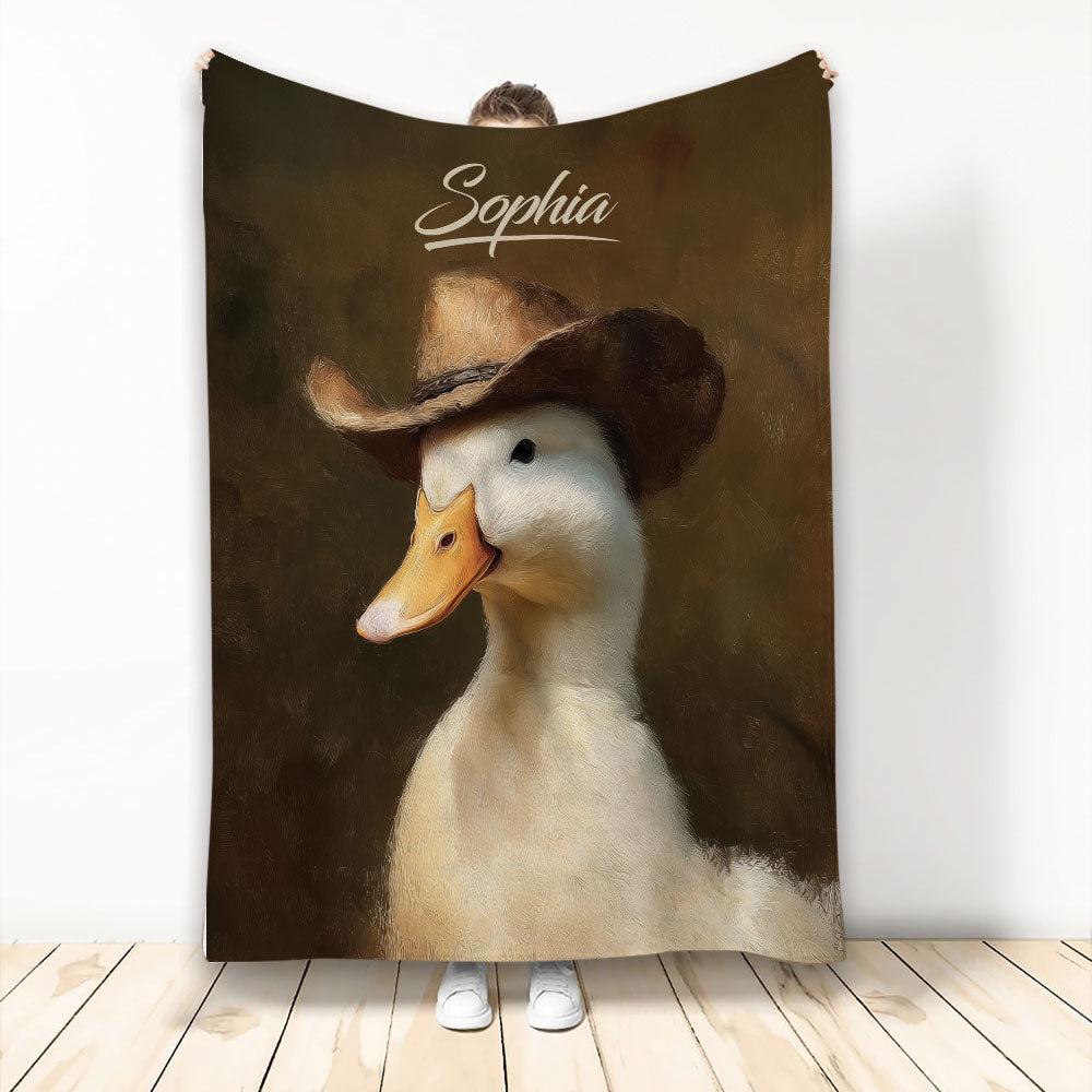 Duck throw blanket featuring a duck in a cowboy hat against a rustic brown background