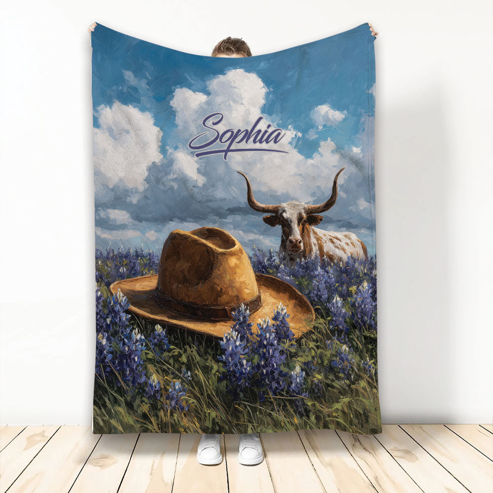 Custom Texas blanket with longhorn, cowboy hat, bluebonnets, and dramatic blue sky artwork