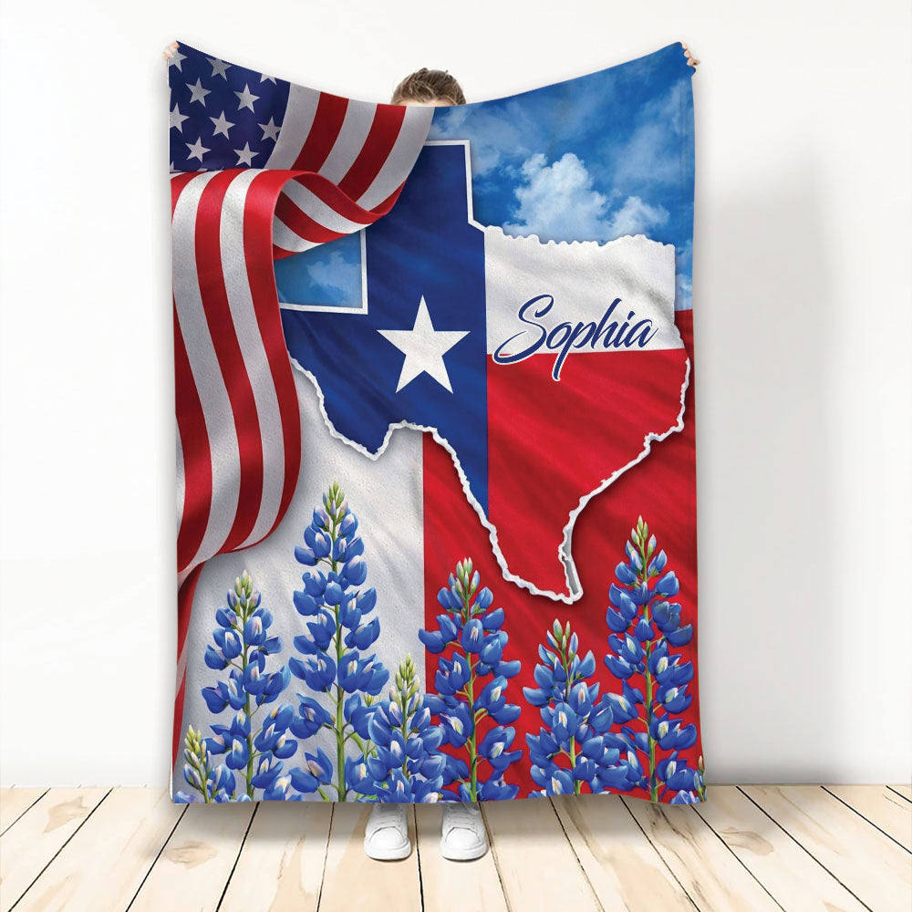 Custom Texas blanket with Lone Star design, American flag accents, and bluebonnet flowers