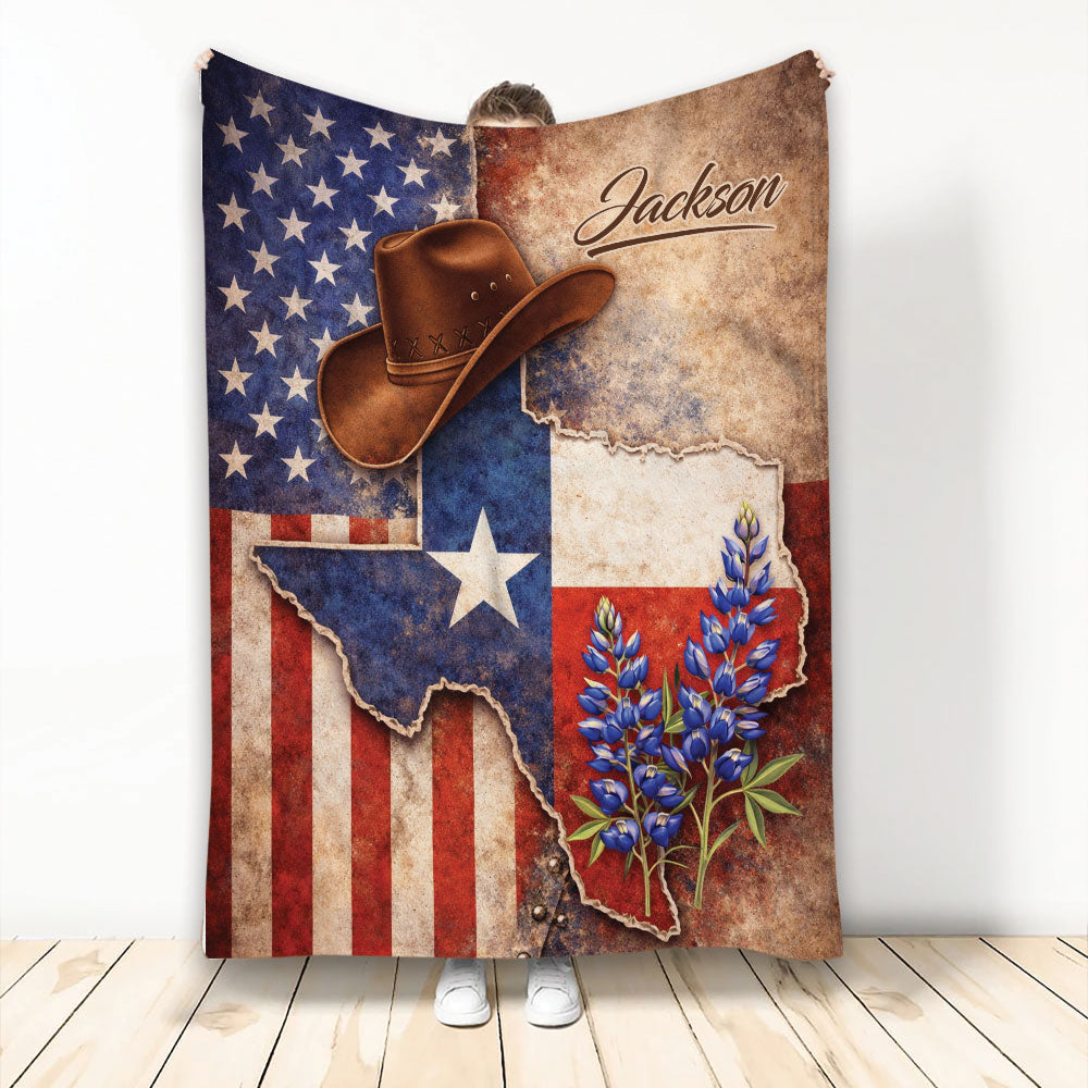 Texas throw blanket featuring a cowboy hat, bluebonnets, distressed flag colors, and the Texas state shape