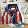 Custom Texas blanket displayed on a sofa with patriotic red, white, and blue state artwork