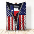 Texas throw blanket with patriotic flag design, Texas map artwork, and bold zipper-inspired detail