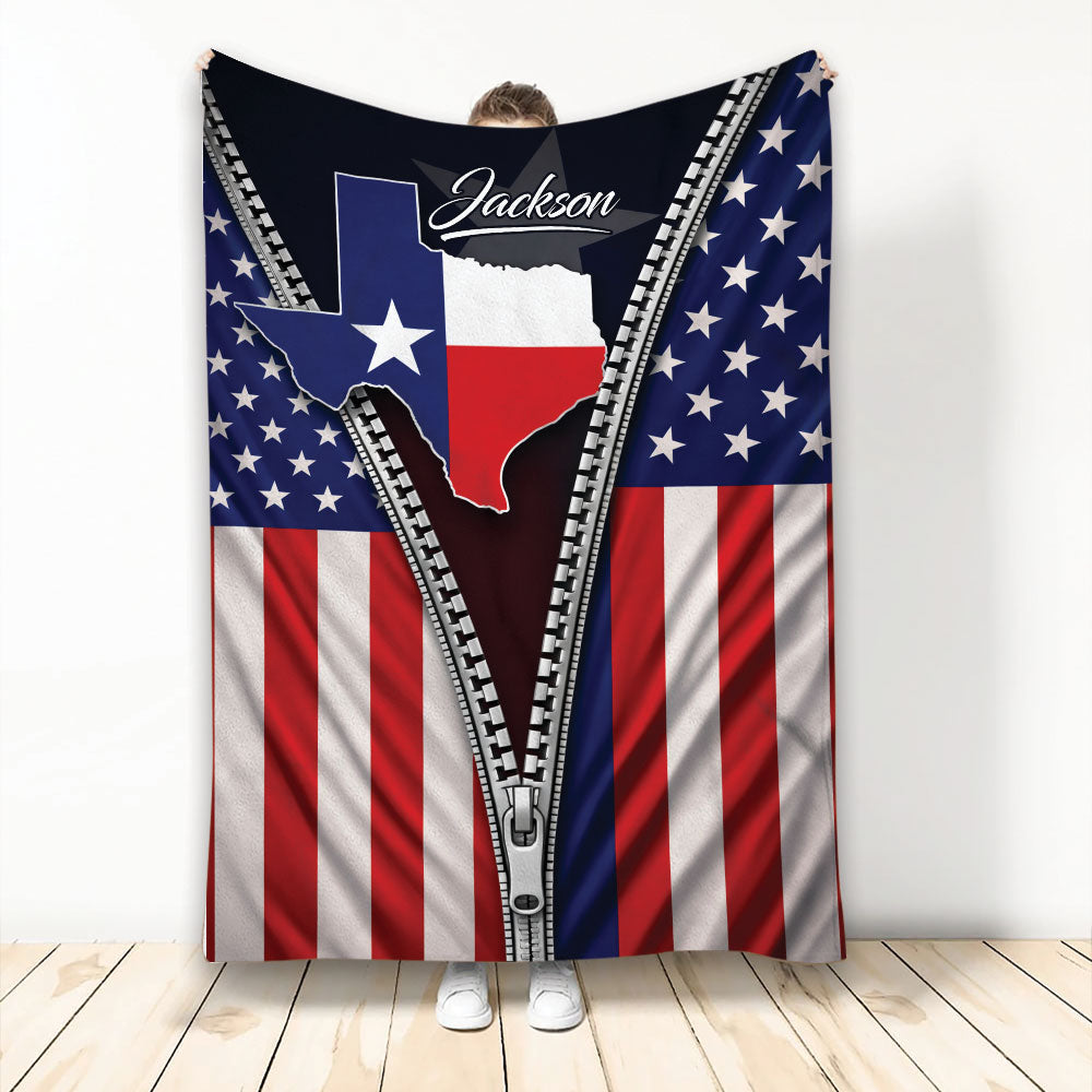 Texas throw blanket with patriotic flag design, Texas map artwork, and bold zipper-inspired detail