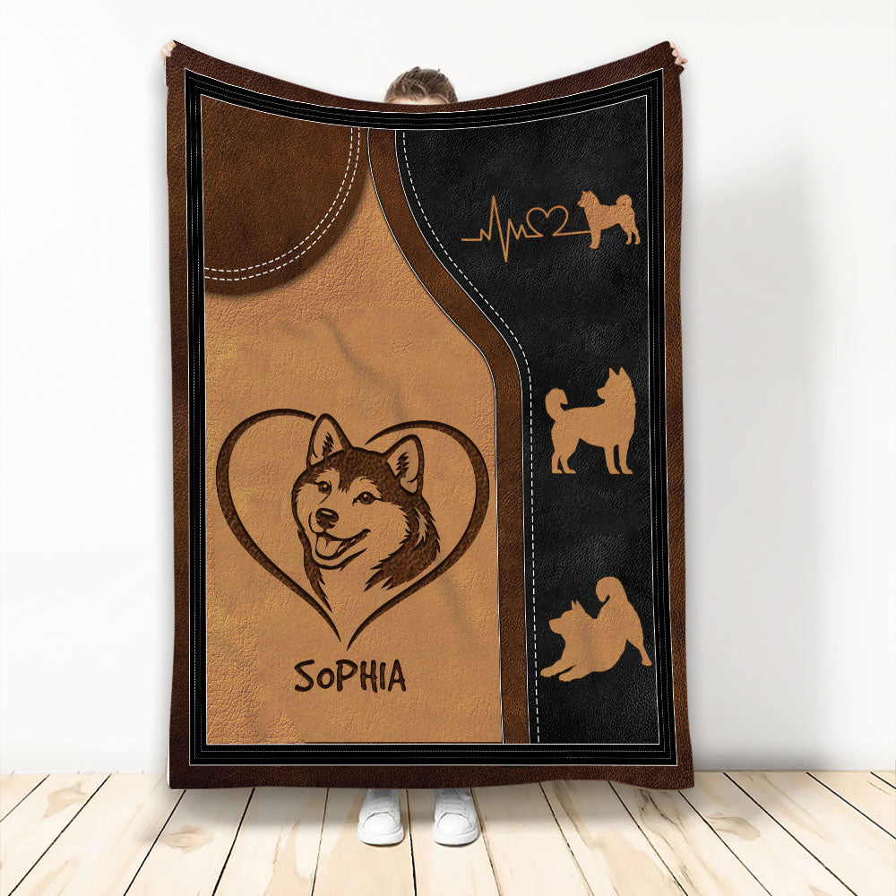 Shiba Inu throw blanket with heart-framed dog artwork and brown leather-inspired design