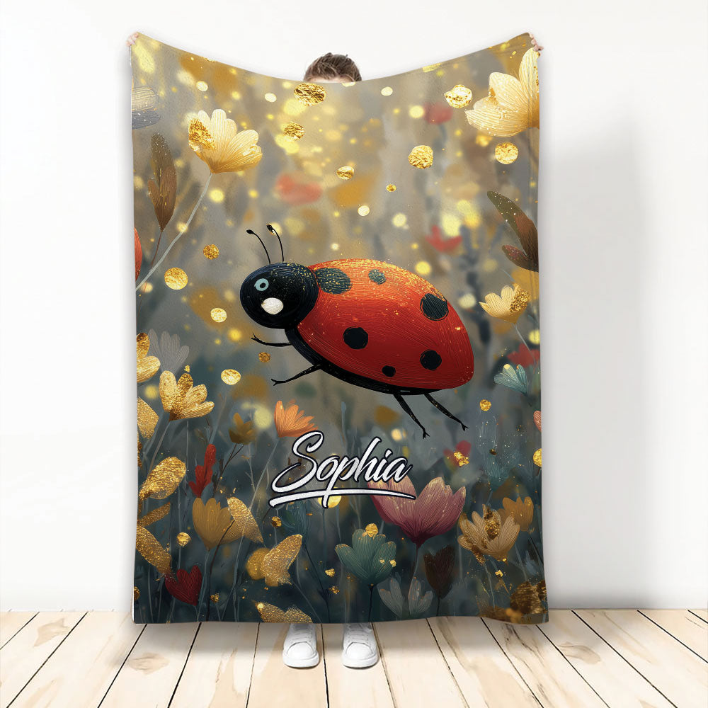 Ladybug throw blanket with a red and black insect surrounded by glowing flowers and botanical artwork