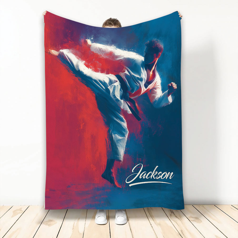 Karate throw blanket featuring a martial artist performing a high kick in bold red and blue artwork