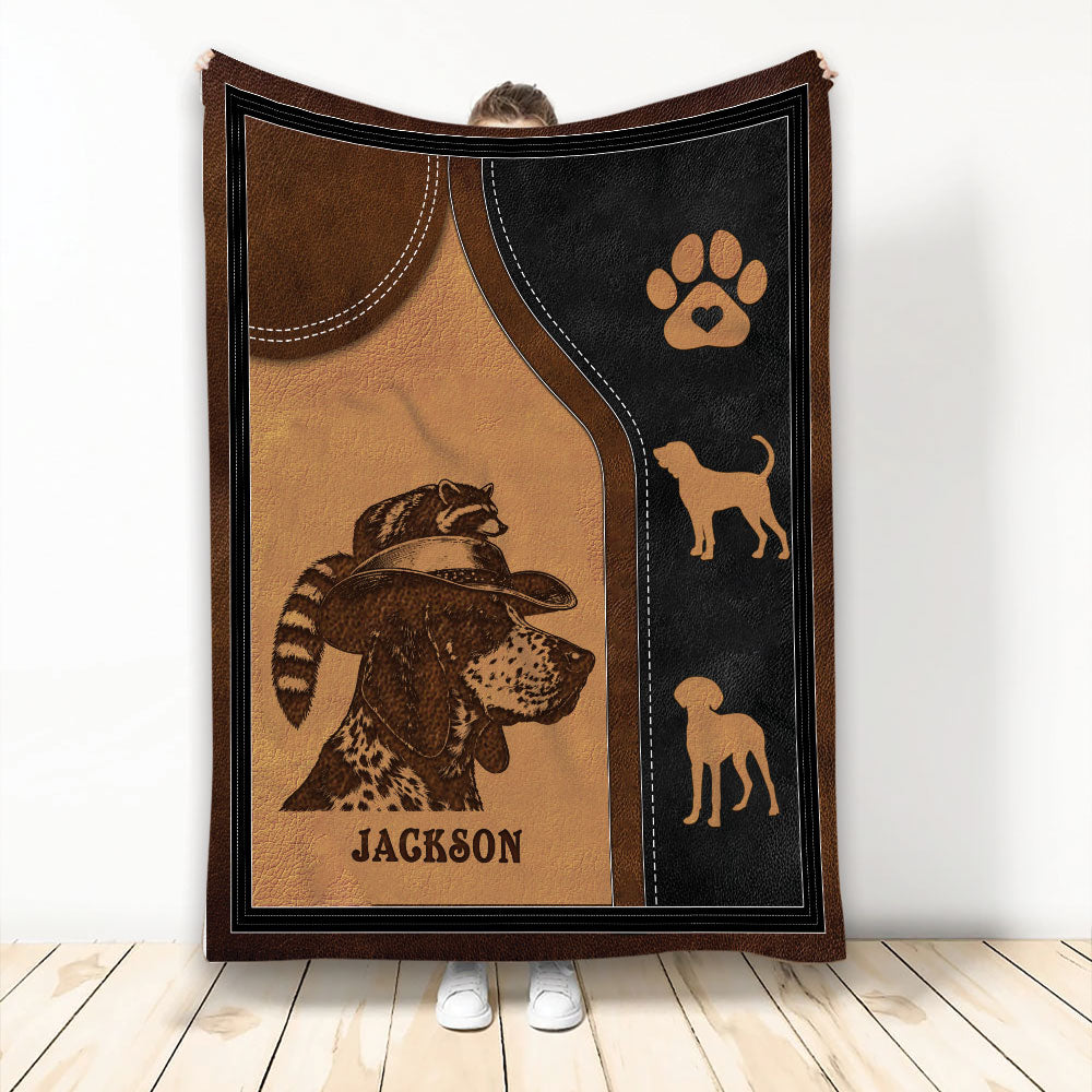 Bluetick Coonhound blanket featuring hunting dog and raccoon artwork in rustic brown and black tones