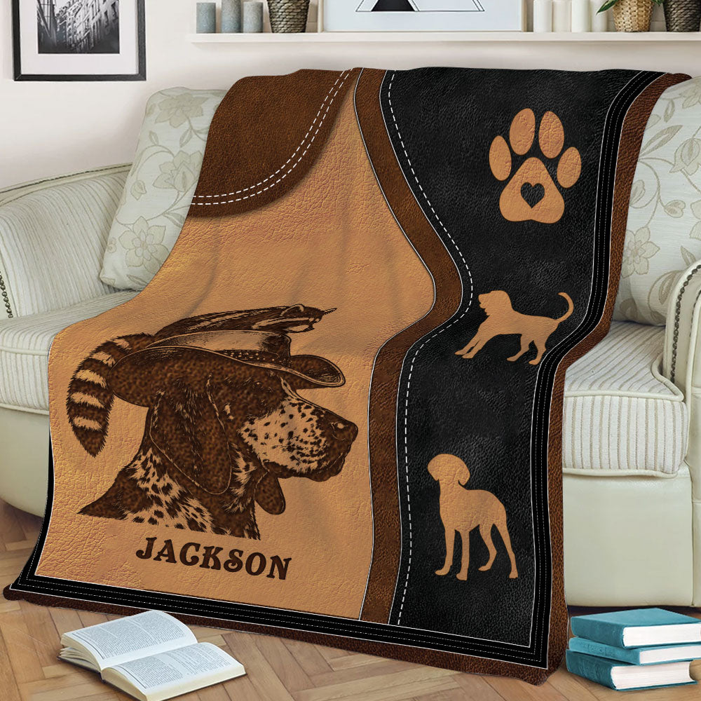 Close view of Bluetick Coonhound throw blanket with coonhound, raccoon and paw print design