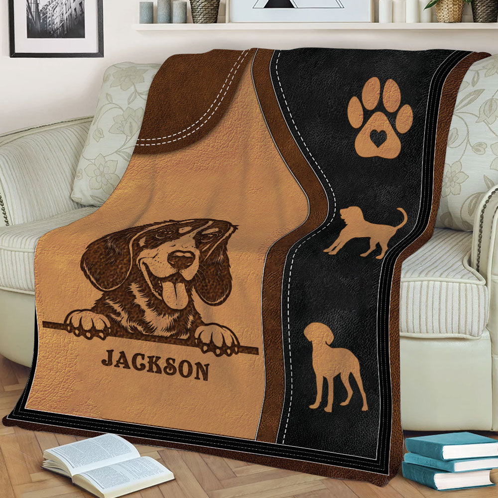 Close view of Bluetick Coonhound blanket featuring detailed hound artwork and paw print accents