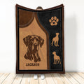 Great Dane throw blanket with a detailed dog portrait, paw print, and tan and black leather-look design