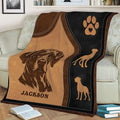 Great Dane throw blanket draped over a sofa, featuring a detailed dog portrait and tan silhouette artwork