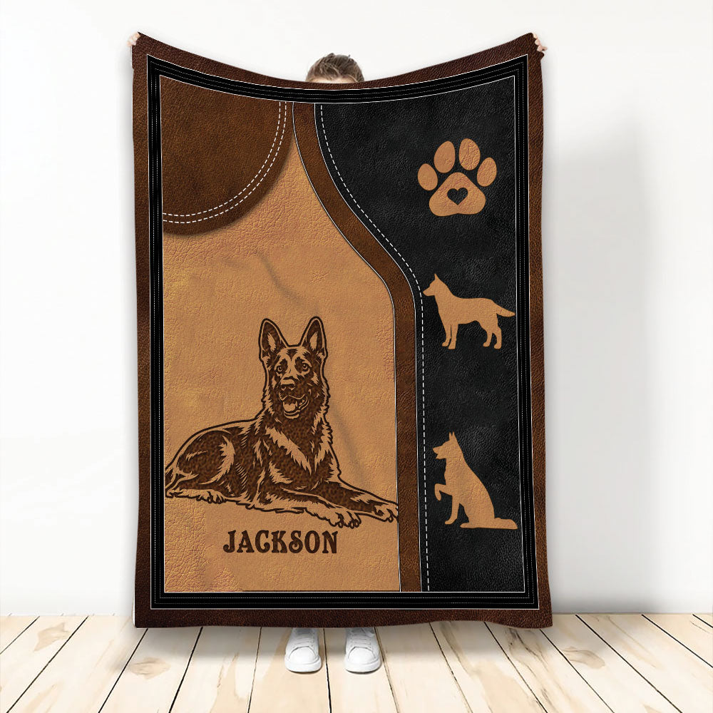 Dutch Shepherd throw blanket featuring a detailed dog illustration, paw print, and warm brown and black artwork