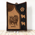 Chow Chow blanket with detailed dog artwork, paw print emblem, and warm brown and black design