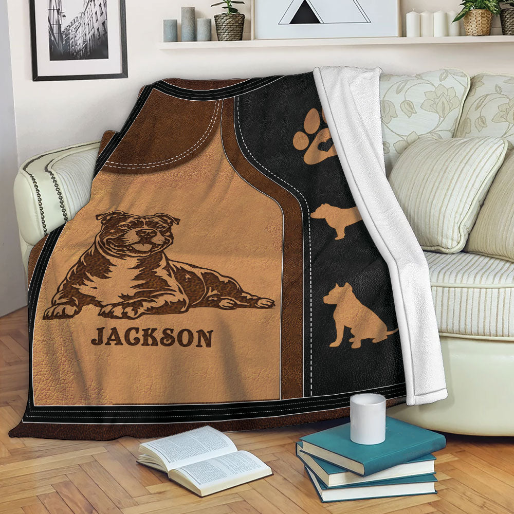 American Bully blanket displayed on a sofa with bold brown, black and tan dog artwork