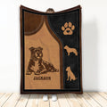 American Bully throw blanket with brown and black leather-look dog artwork and paw print accents