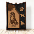 Bernese Mountain Dog throw blanket with rustic brown and black artwork, paw print, and dog silhouettes