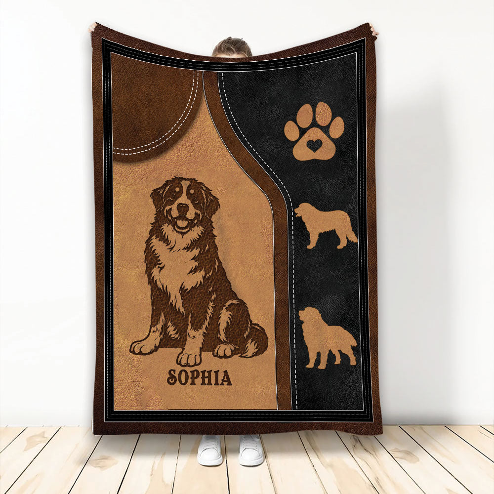 Bernese Mountain Dog throw blanket with rustic brown and black artwork, paw print, and dog silhouettes