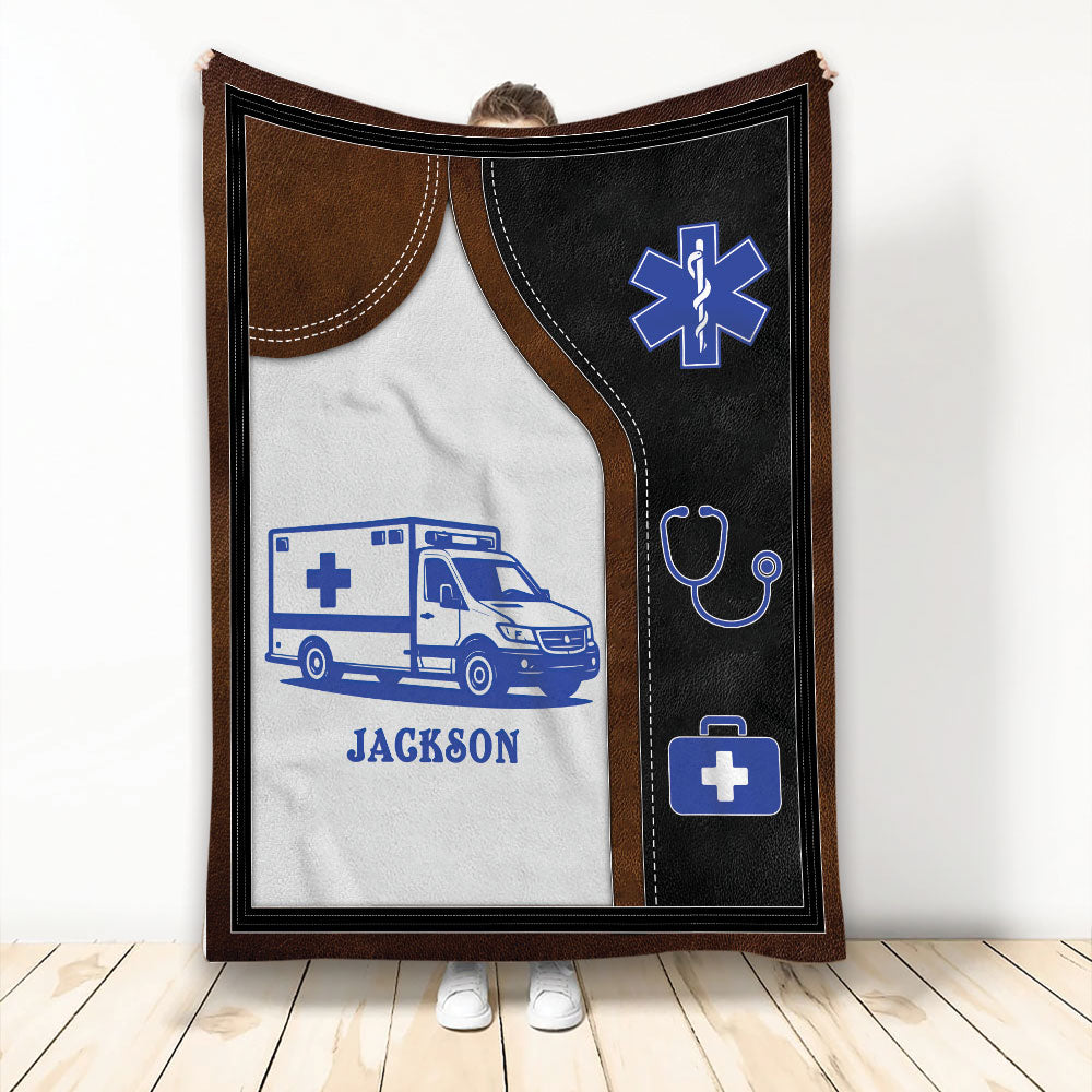 Custom paramedic blanket with ambulance artwork, Star of Life symbol, stethoscope, and medical kit details
