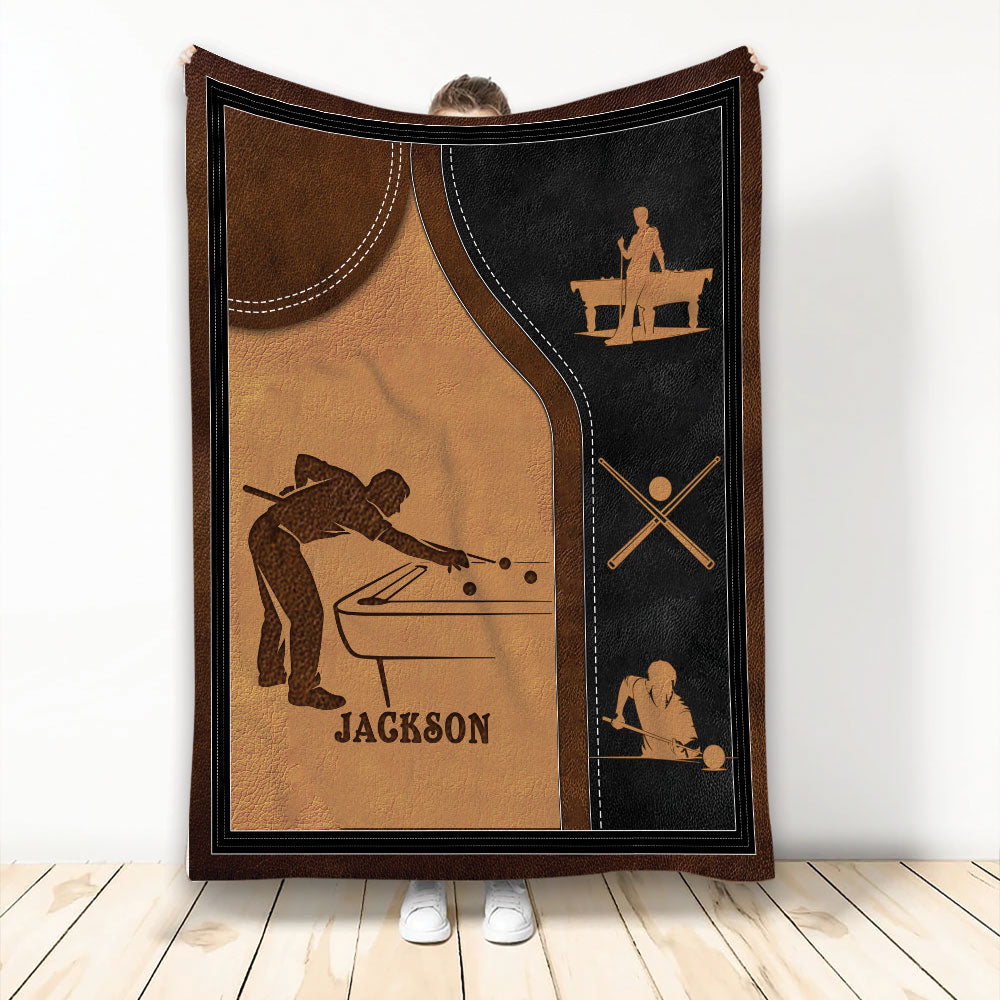 Billiard throw blanket with pool player silhouettes, cue sticks, balls, and brown black sports artwork