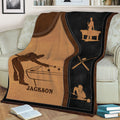 Billiard throw blanket displayed on a couch with pool player silhouettes and classic table details
