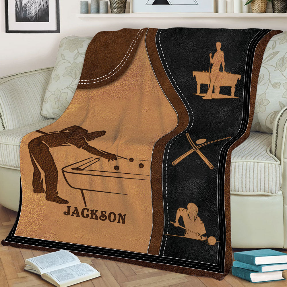 Billiard throw blanket displayed on a couch with pool player silhouettes and classic table details