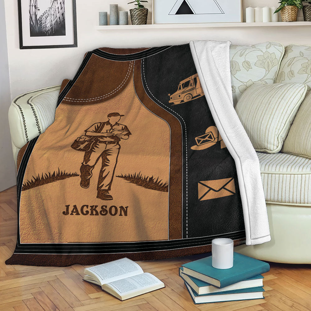 Postal worker throw blanket displayed on a sofa with vintage-inspired mail delivery artwork